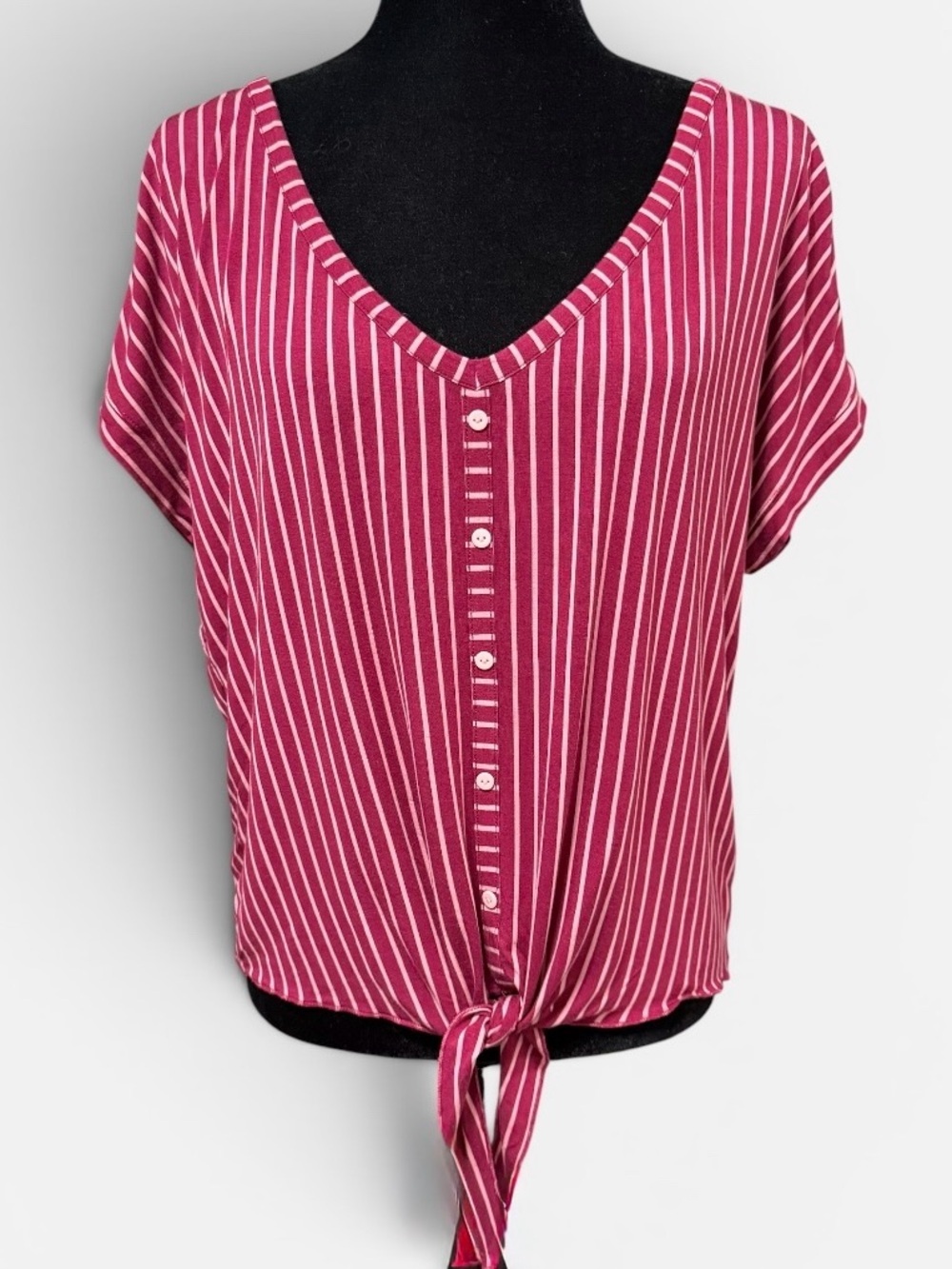 Modcloth Fuchsia and White Striped Tie-Front V-Neck Top